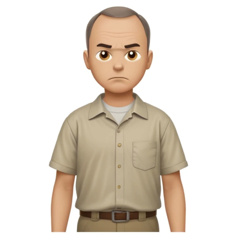 Carl from Sling Blade, serious expression, recognizable features, neutral background, full body, chin sticking out, slouching posture, no glasses, shirt with collar,  side view emoji