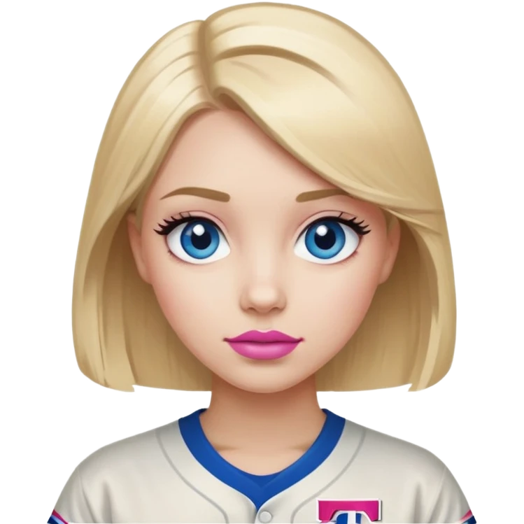 Blonde hair, blue eyes, pink lips, lashes, long bob haircut, wearing Texas rangers baseball shirt emoji