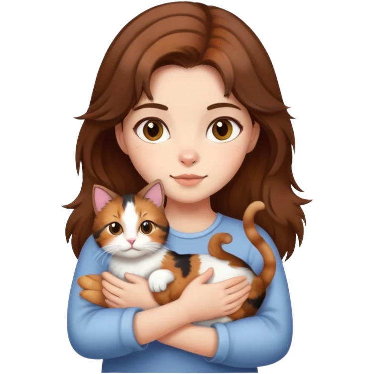 Girl with brown hair holding a cat emoji