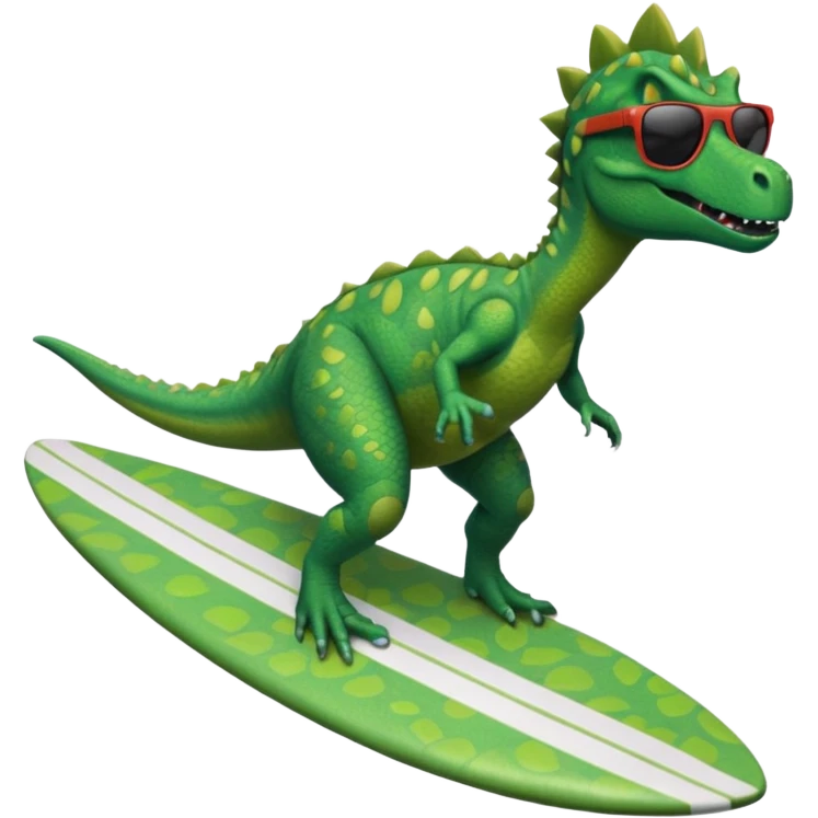 Dinosaur riding a surfboard wearing sunglasses emoji