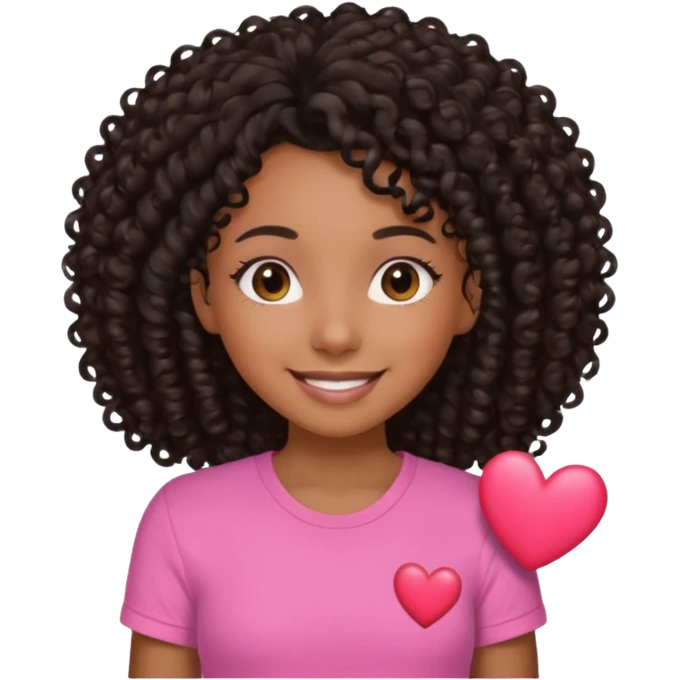 A brown skin girl with a black curly 4C hair and she has a pink Shirt that has a heart  emoji