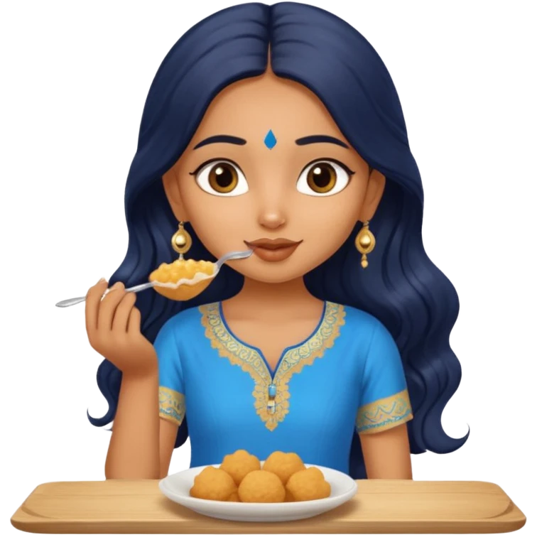 a pretty tan indian bratz girl. eyeliner on, wearing a blue kurti, eating golgappa. NO SPOON. wavy long BLACK coloured hair emoji