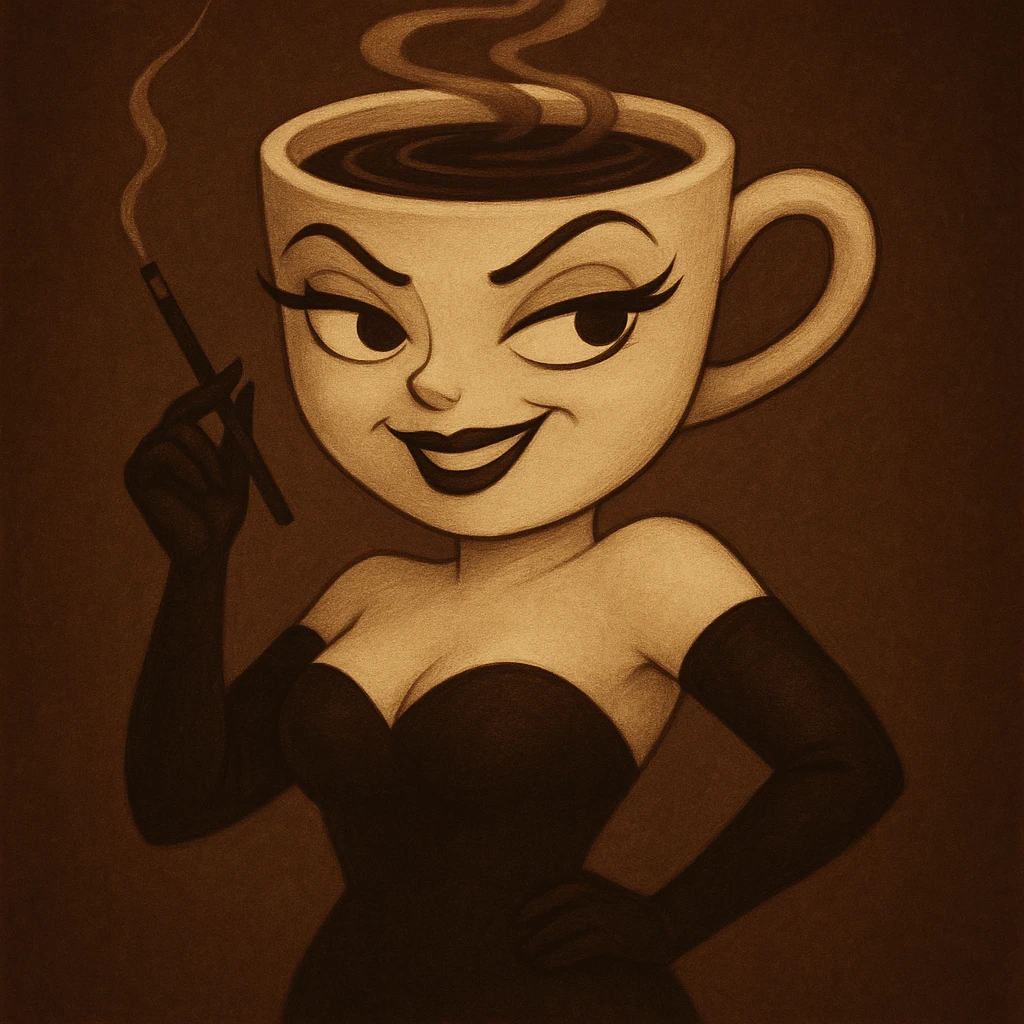 Edit the coffee cup woman character to have a confident and sassy expression with a raised eyebrow and a smirk. Keep the original style and character intact, only modify the eyes and mouth to reflect this expression. emoji