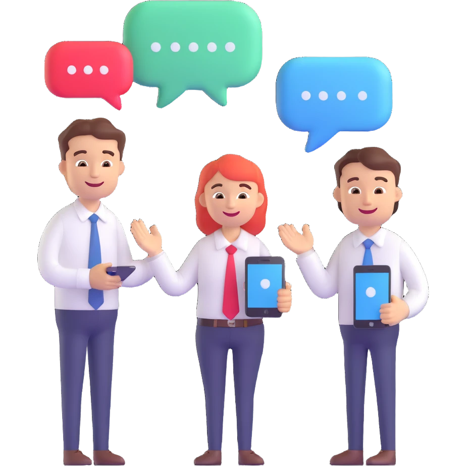 3D emoji style illustration of a friendly employee and a happy customer interacting, with dynamic elements like chat bubbles, a handshake, and digital devices, representing reinvented customer engagement emoji