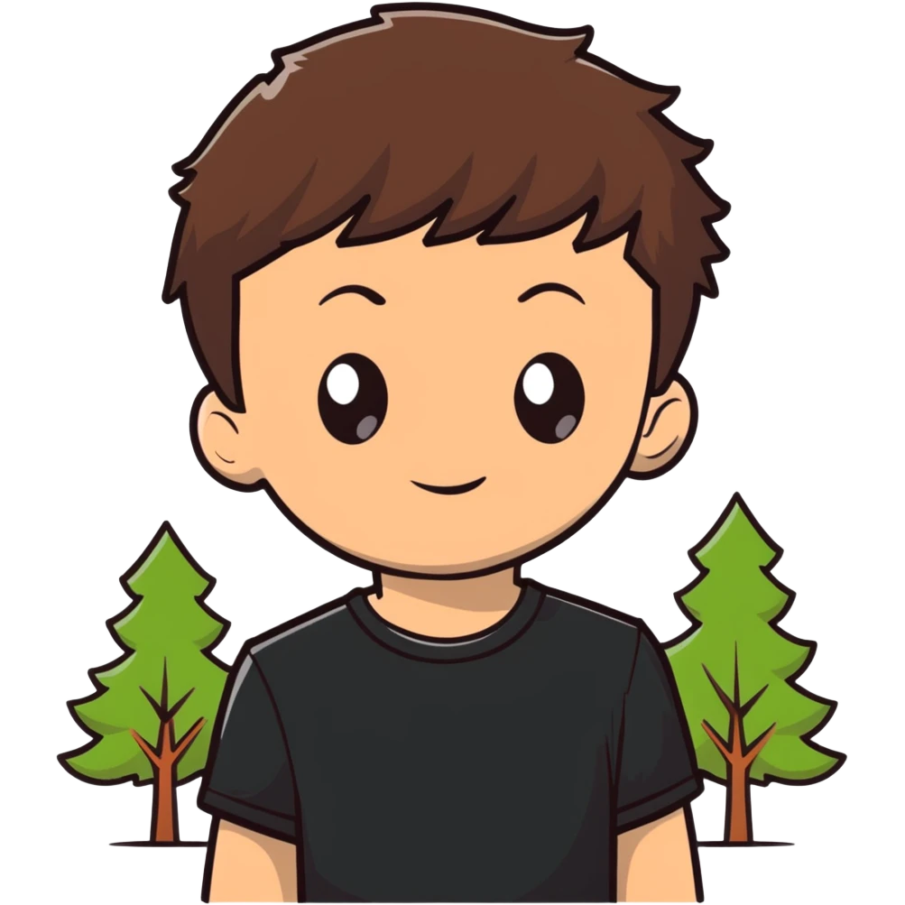 boy with straight short brunette hair brown eyes black tshirt on and tree behind emoji