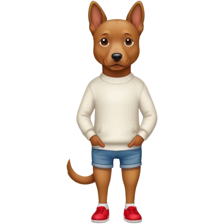 Brown dog standing upright with hands in jean pockets, wearing a white sweater and red shoes emoji