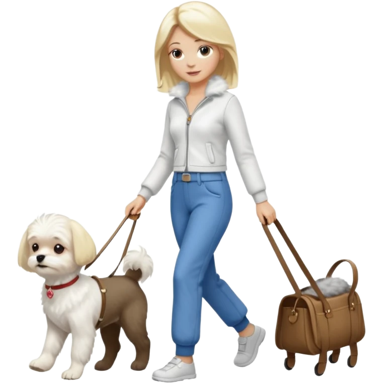 blonde woman wearing pants, walking a small maltese dog. emoji