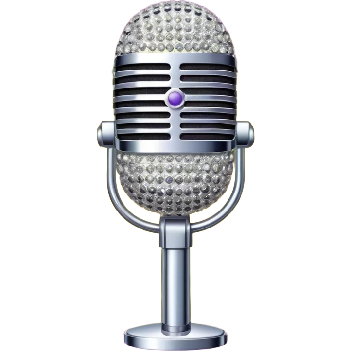 Create a glamorous and vibrant emoji representing stage vocal performance. The design should feature a classic vintage microphone at the center, surrounded by an eye-catching stage costume covered in rhinestones, sparkling brightly. The costume should be stylized, with glittering elements like sequins and sparkles, and reflect the glitzy, extravagant nature of show business. The microphone should have a sleek, retro look with chrome or metallic accents. Use rich, dazzling colors like gold, silver, deep purple, and bright red to evoke the glamorous, larger-than-life feel of a stage performance. The background should be transparent. emoji