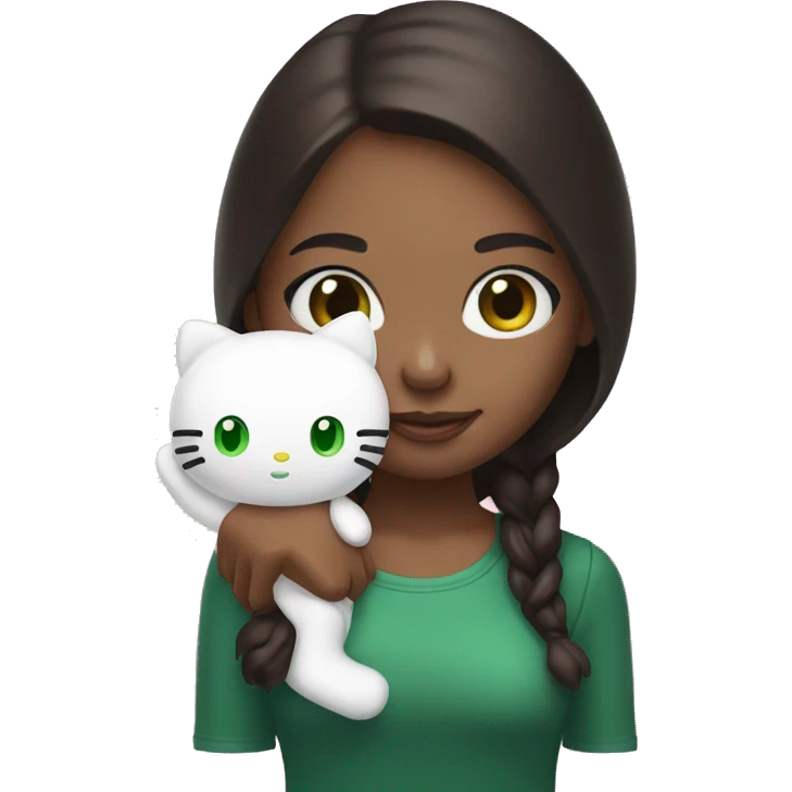 Give me a girl with green eyes and dark brown hair holding a hello kitty plushy emoji