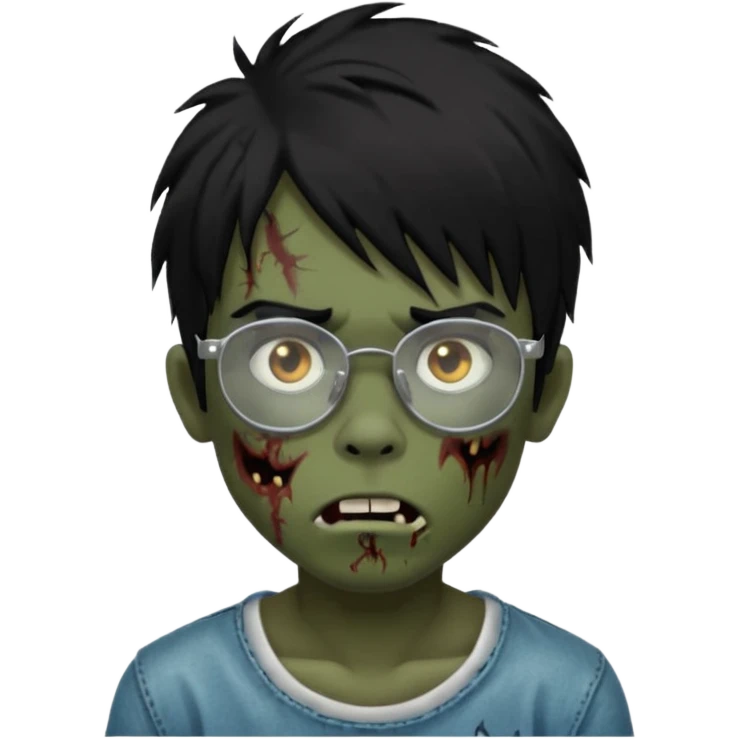 Boy, zombie, black hair, medium long, emo, shaggy, dark, spooky, creepy expression emoji, add transparent glasses, a risk on the eyebrow, some tattos emoji
