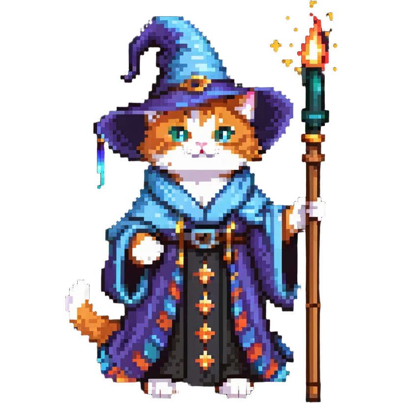 A cat wizard casting a spell with magical staff and flowing robes emoji