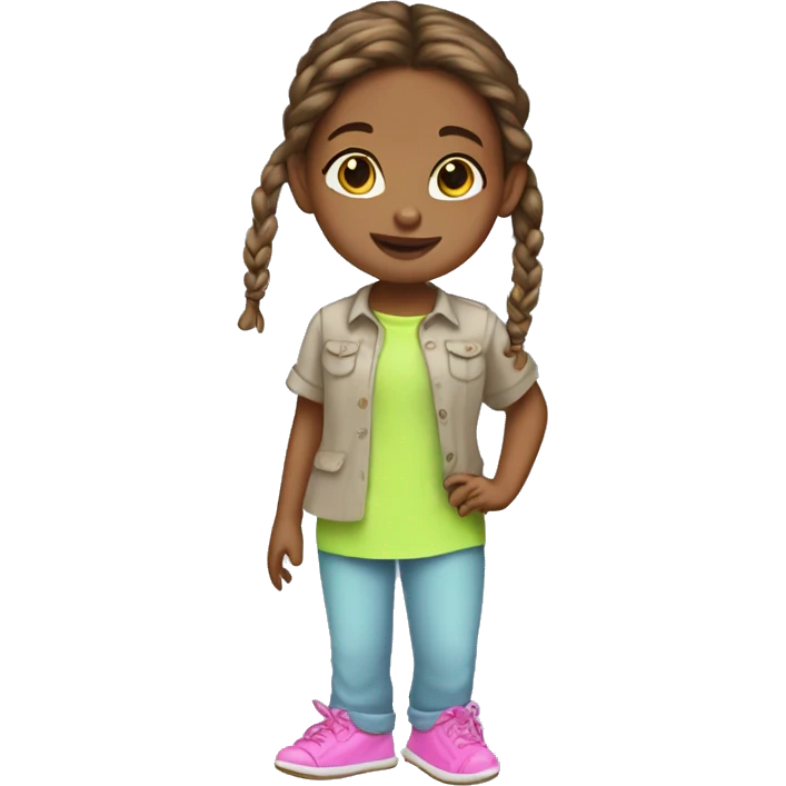 Little girl with a brown braid wearing a light blue shirt, neon green pants, pink slippers emoji