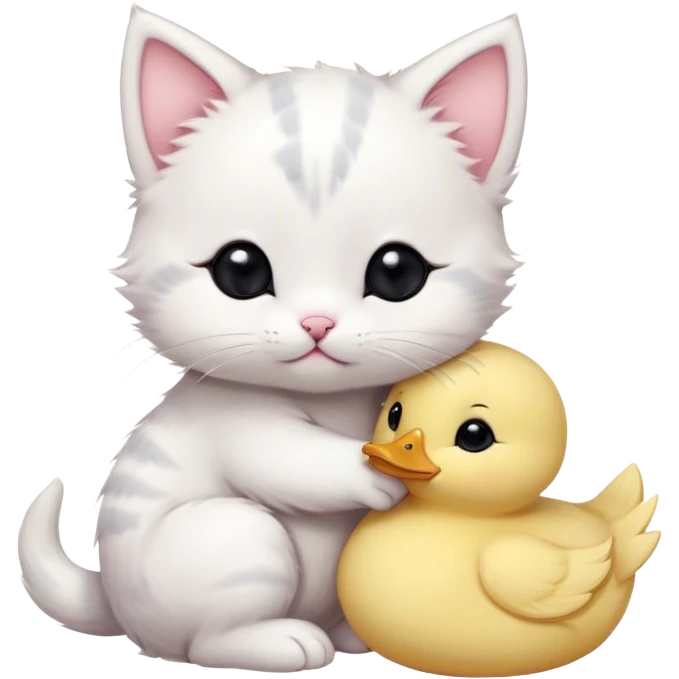 A simple and cute white kitten with pink blush on its cheeks and three short gray lines on its head. The kitten is hugging and biting a yellow, fluffy little duck that looks like a plush toy or a cookie. There is some kitten drool on the duck's head. The overall style is hand-drawn, with simple lines and a soft, adorable look. The kitten has round black eyes and a silly, innocent expression. The little duck looks helpless. emoji