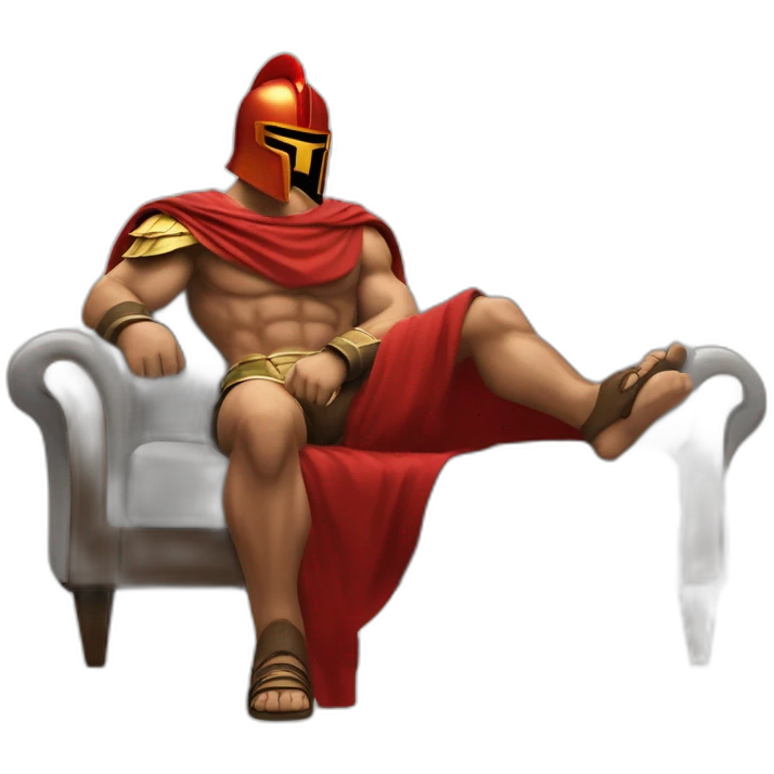 The Spartan Leonidas and his red cape with a cocktail in hand and his helmet under his arm relaxing on a sofa. emoji