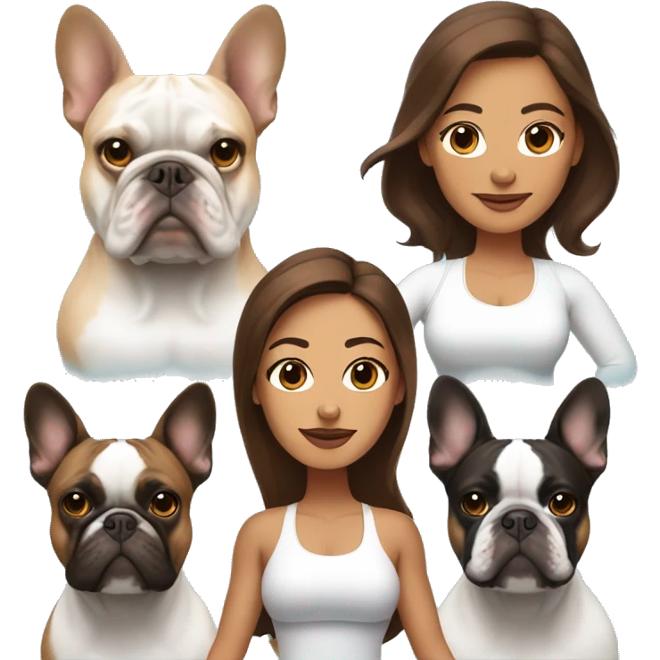 latin women with long brown hair in yoga outfit standing alongside two french bulldogs  emoji