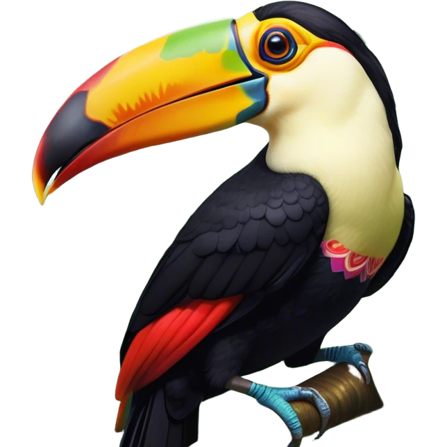 Cinematic Noble Toucan Portrait Emoji, Poised and regal, with a vibrant, striking beak and a sleek, colorful body adorned with bold patterns and keen, observant eyes, Simplified yet sharp and sophisticated features, highly detailed, glowing with a soft, tropical radiance, high shine, intelligent and majestic, stylized with an air of exotic elegance, focused and alert, soft glowing outline, capturing the essence of a watchful and confident avian guardian that appears ready to take flight out of the screen with effortless authority! emoji
