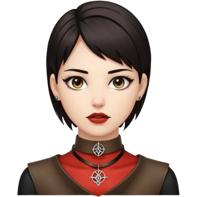 Leather choker with sigil around woman’s neck, pulse visible, dominance tone emoji