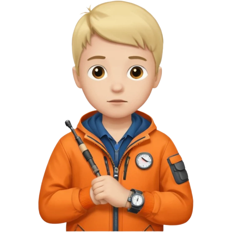 Boy in fishing suit looking at his wristwatch emoji