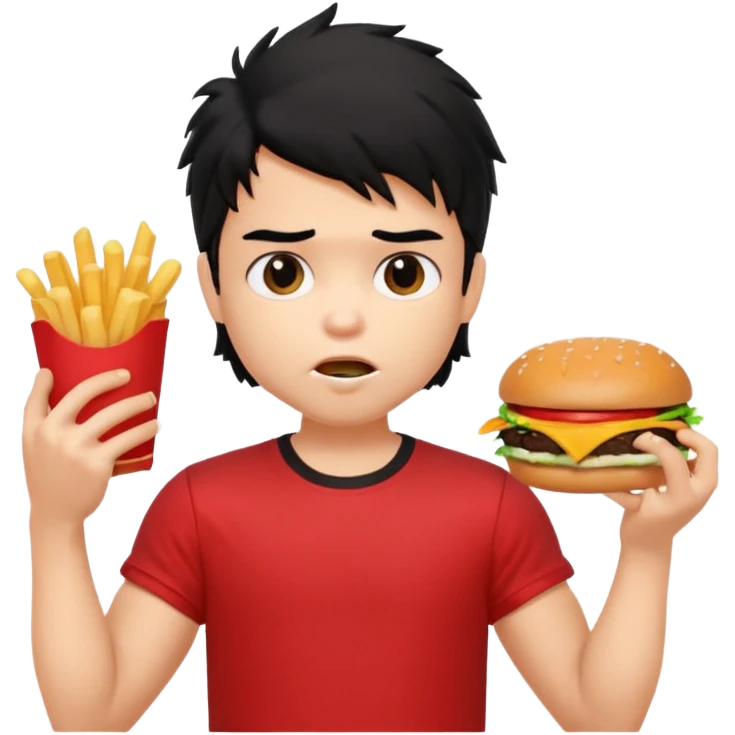 generate a pretty fair bratz boy with a messy mullet (black hair), wearing a red tshirt. eating a burger and fries, big biceps emoji