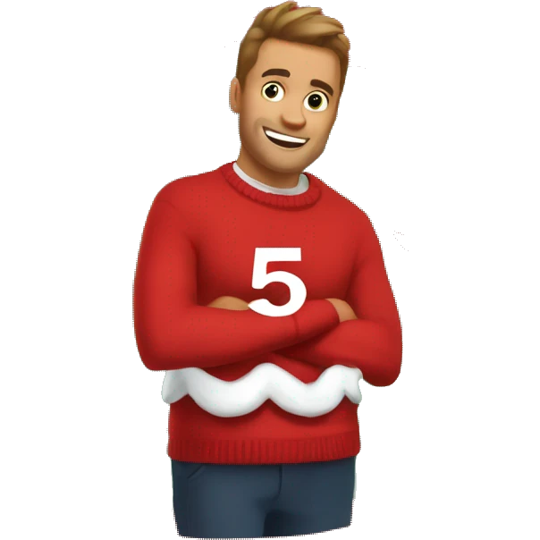 Red christmas sweater with thing 5 written on it with white letters emoji