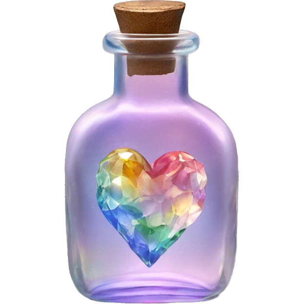 Antique oil heart bottle made of crystal glass of all gentle colors of the light rainbow, a living flower fairy sits at the bottom of the bottle emoji