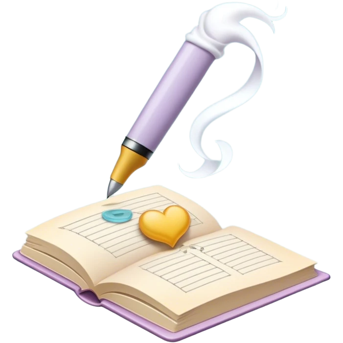 Create a whimsical and poetic emoji symbolizing poetry. The design should have several elegant pages floating smoothly in the air with short poetic columns written on them. Add a white pen resting gracefully on the pages and an inkwell. The overall color palette should include soft pastel tones, which will add airiness and dreaminess to the design. Make the background transparent emoji