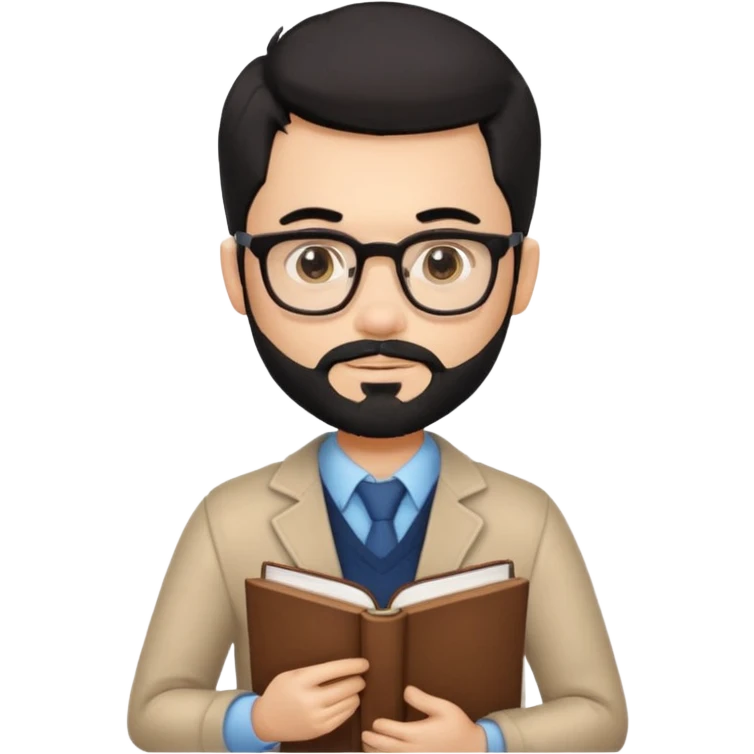 a pretty bratz teacher male with black hair, spectacles on, holding a book in hand and a chocolate in the other. bearded emoji