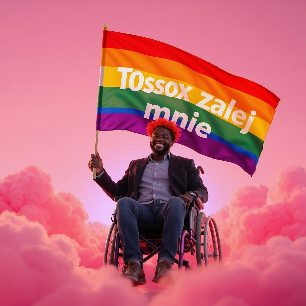 Cinematic shot advertising, Black man with red hair sitting on wheelchair holding lgbt flag holding text "T0ssox zalej mnie" pink clouds around, pink sky with pink back light emoji