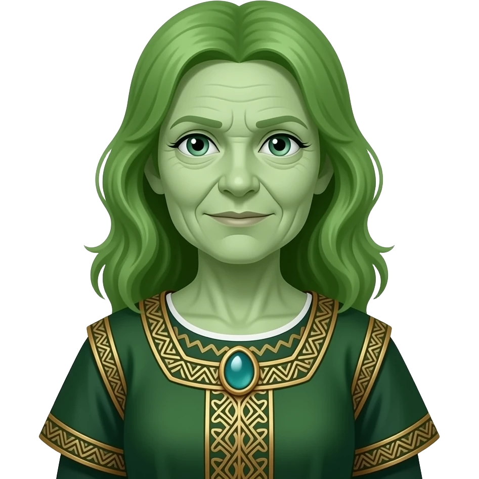 a Avatar green skin and hair old women medival wearing ancient cloth, half body, icon emoji