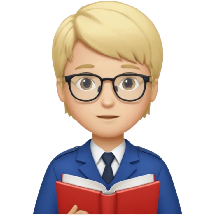 Boy student wearing uniform, glasses, hold book in front of their chest, blonde hair, white skin emoji