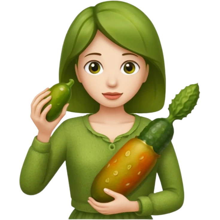 Naked woman holding pickle to chest emoji