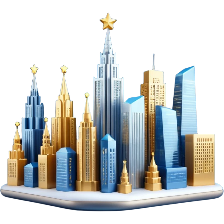 3D emoji of Moscow City business district skyline. A cluster of stylized skyscrapers with different shapes (gold, blue, silver). Decorated with tiny glowing Christmas lights. Soft 3D render, clay and glass textures, Apple aesthetic, isolated on a white background. emoji