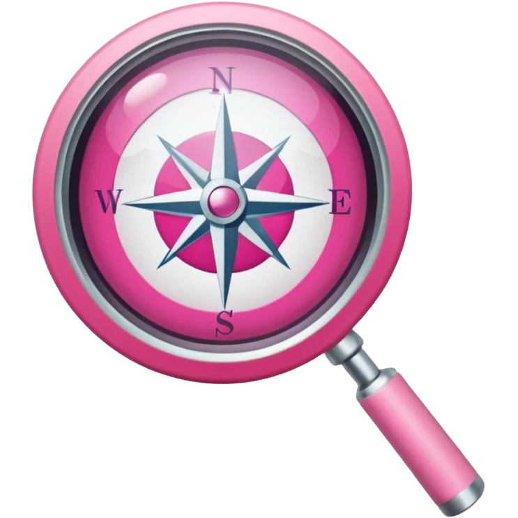 mix light pink dark pink and white girly internet compass logo with a small magnifying glass emoji