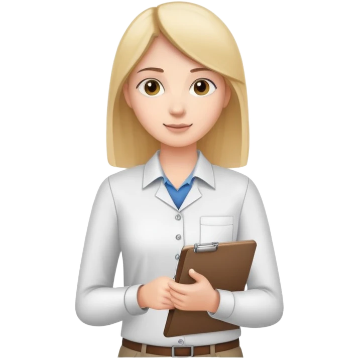 intern or volunteer holding a clipboard and pencil, ready to take notes or assist. The character wears a simple shirt and has an eager posture emoji