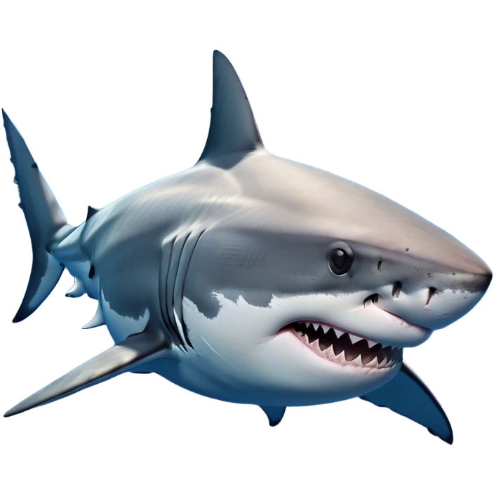 Cinematic Noble Great White Shark Portrait Emoji, Poised and regal, with a robust, torpedo-shaped body, a pointed snout, a gleaming white underbelly contrasting with a slate gray dorsal surface, and piercing, intense eyes scanning deep blue waters, Simplified yet sharp and sophisticated features, highly detailed, glowing with a cool, oceanic luminescence, high shine, intelligent and commanding, stylized with an air of marine authority, focused and vigilant, soft glowing outline, capturing the essence of a watchful and confident predator that appears ready to surge out of the screen with effortless power! emoji