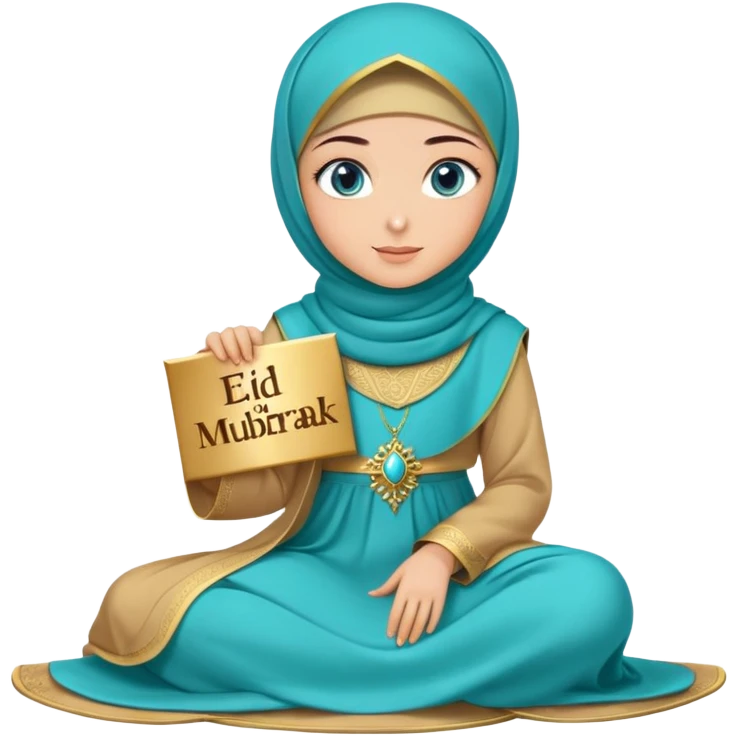 Turkish beautiful finish Konya girl blue eyes with gold hijab and islamic long tailed turquoise dress on the ground and had on her hand text Eid Mubarak  emoji