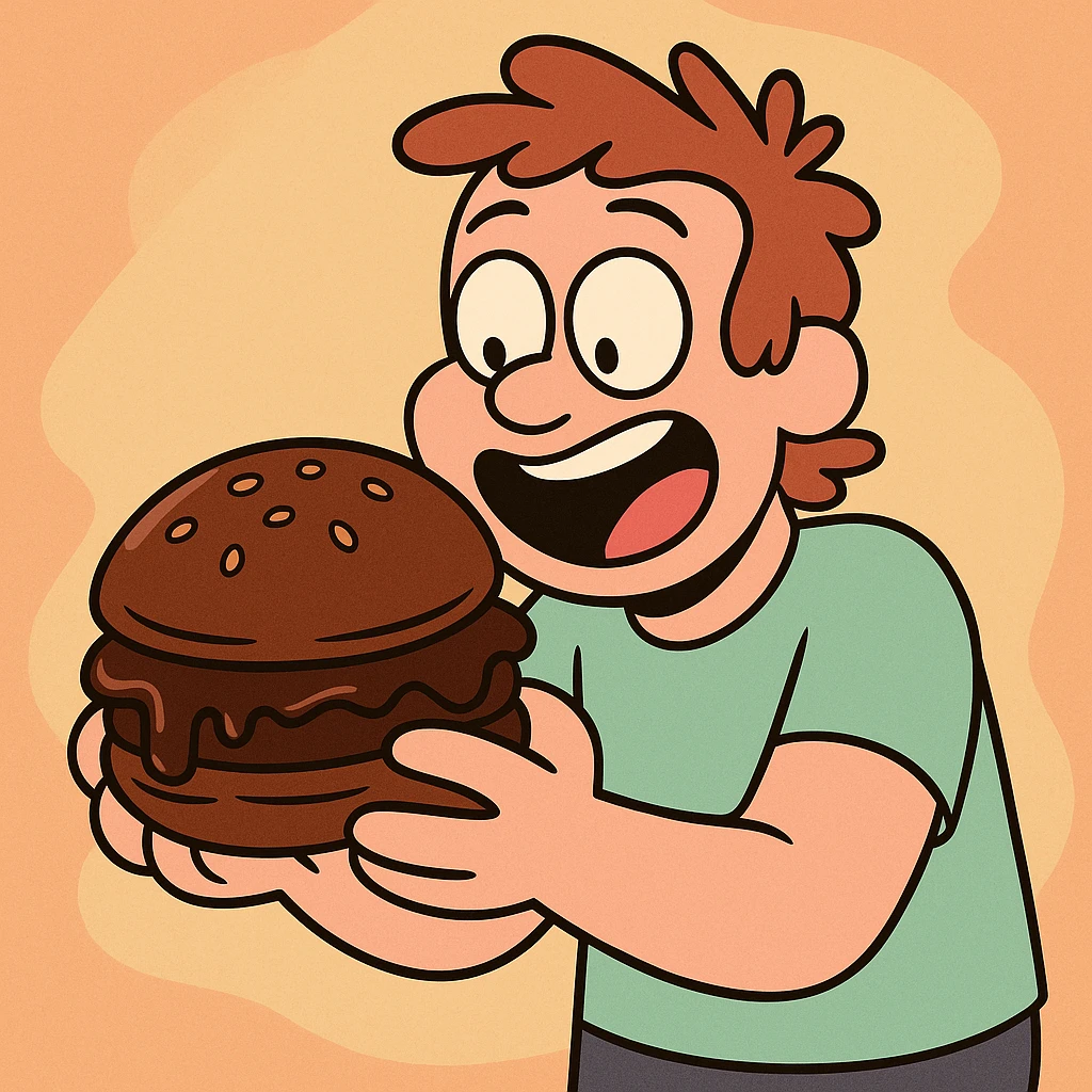 a chocolate burger, cartoon style, colorful, fun, playful emoji