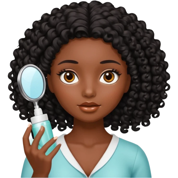 Uma boneca morena escura com olhos castanhos e cabelo cacheado longo preto, fazendo skin care emoji