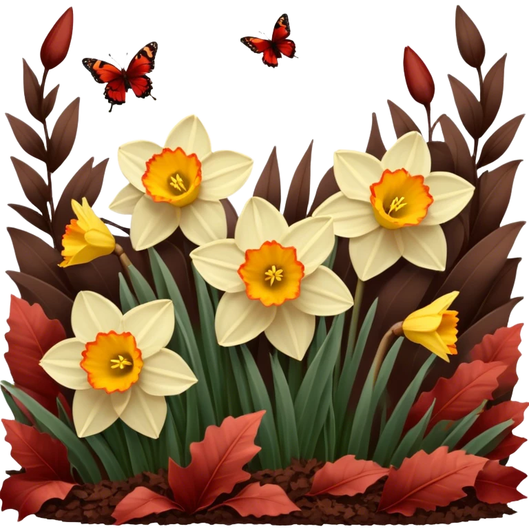 Golden daffodils bloom among deep brown-red leaves, while delicate brown butterflies flutter nearby. Warm sunlight casts a vintage glow over the scene. emoji