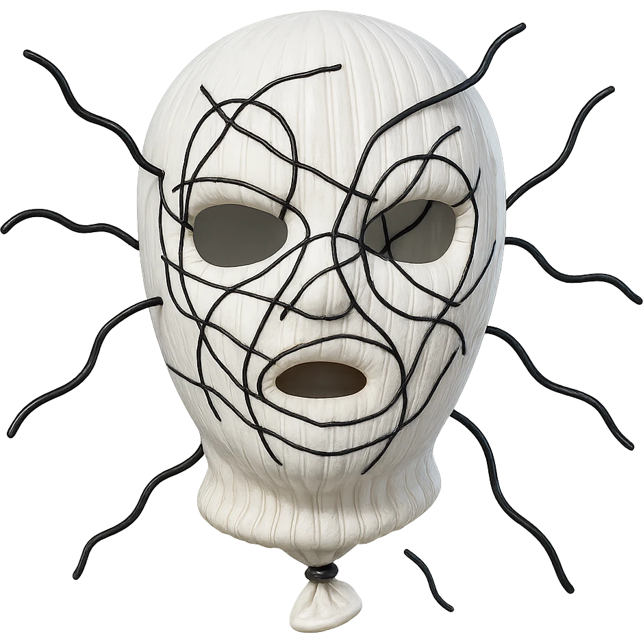 The mask is a full-head, white knitted balaclava with a tight ribbed texture. It features two asymmetrical eye openings and a partially exposed mouth area. Black thread is stitched across the surface in chaotic, abstract lines that trace facial features, giving a hand-drawn effect. Several black cords extend outward from the mask, varying in length and direction, adding a sculptural, almost organic appearance. The overall look is bold, handcrafted, and visually striking. emoji