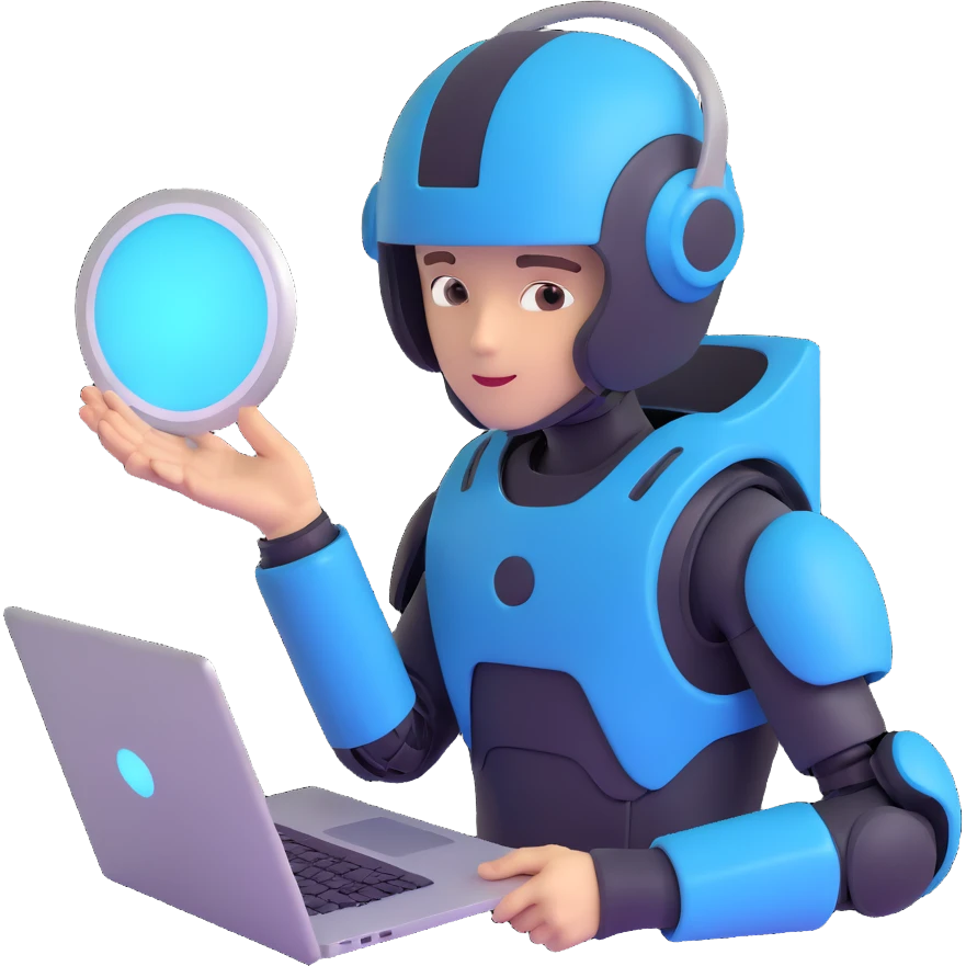 futuristic tech boy with robot helmet, glowing white circle, high-tech laptop, neon cyberpunk room, holographic displays, focused, mysterious emoji