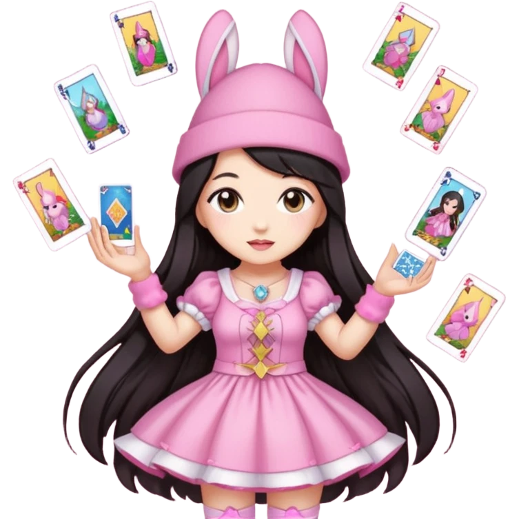 pixel art chibi asian girl with dark long hair in pink bunny hat magical girl with tarot cards thrown in air pixel emoji emoji