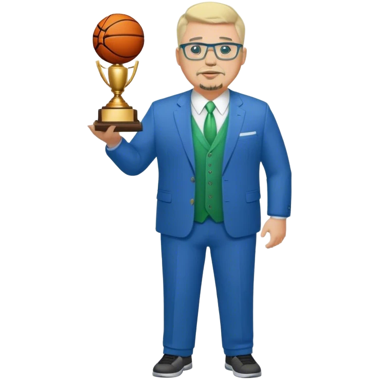 Full Body white fat male  wearing glasses with a goatee with light blonde gray very short hair basketball head Coach in blue and green suit holding trophy emoji