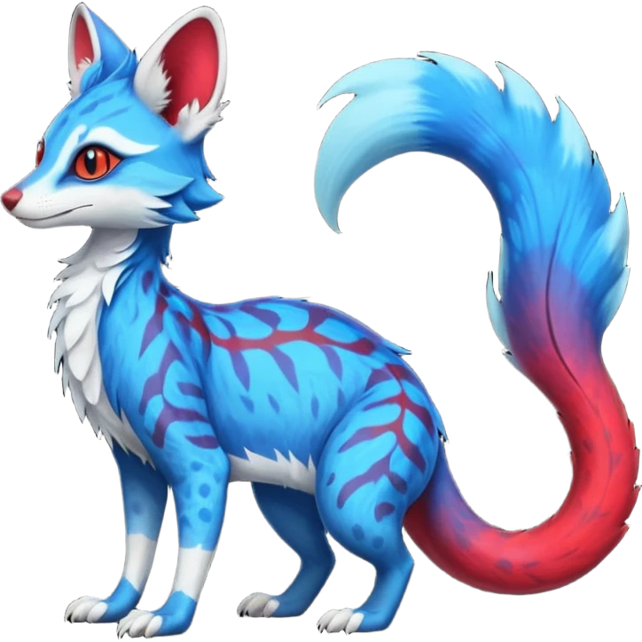 Feral Rare Fantasy vibrant cyan-cobalt-blue-crimson-red-gradients-colored colorful Vernid-Sergal-Genet-Trico-species by LiLaiRa, random markings, tufted tail, tufted ears, full body emoji