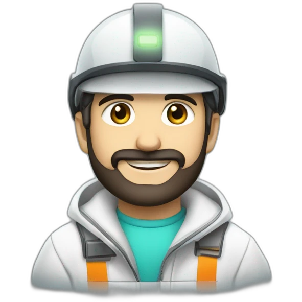 A young Turkish electrical engineer with a light black beard, a white helmet and a phosphorescent protection jacket emoji