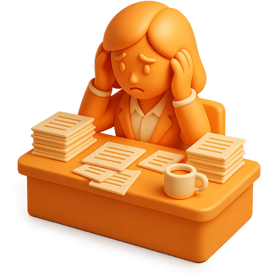 3D orange style female employee at a desk, surrounded by paperwork, looking stressed, coffee cup nearby emoji