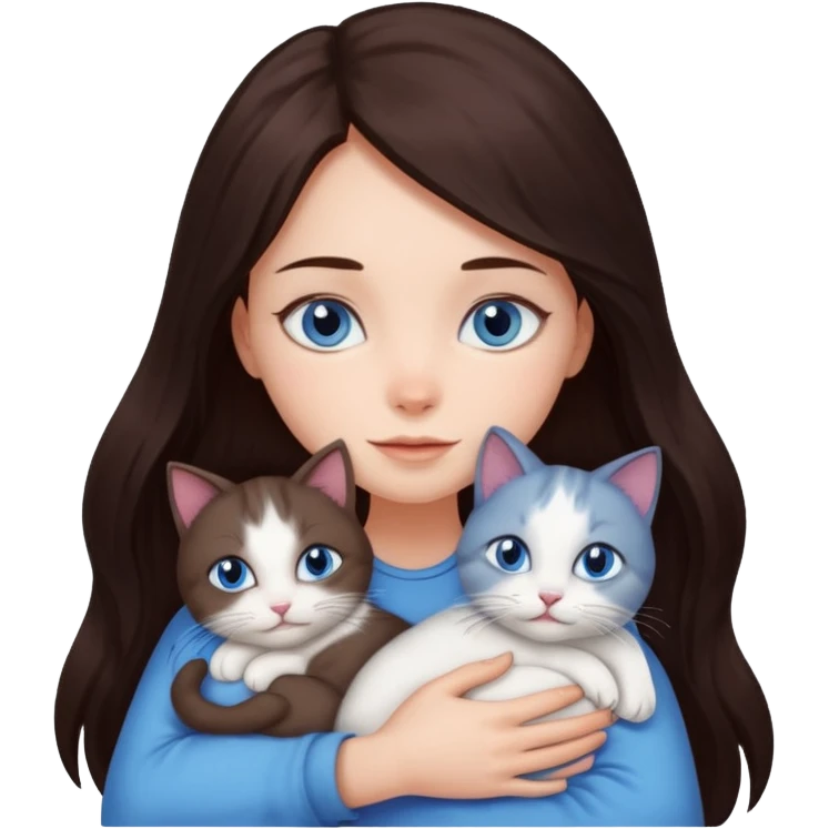 a girl with long dark 
brown hair, with blue eyes, hugs 3 different natural coloured cats emoji