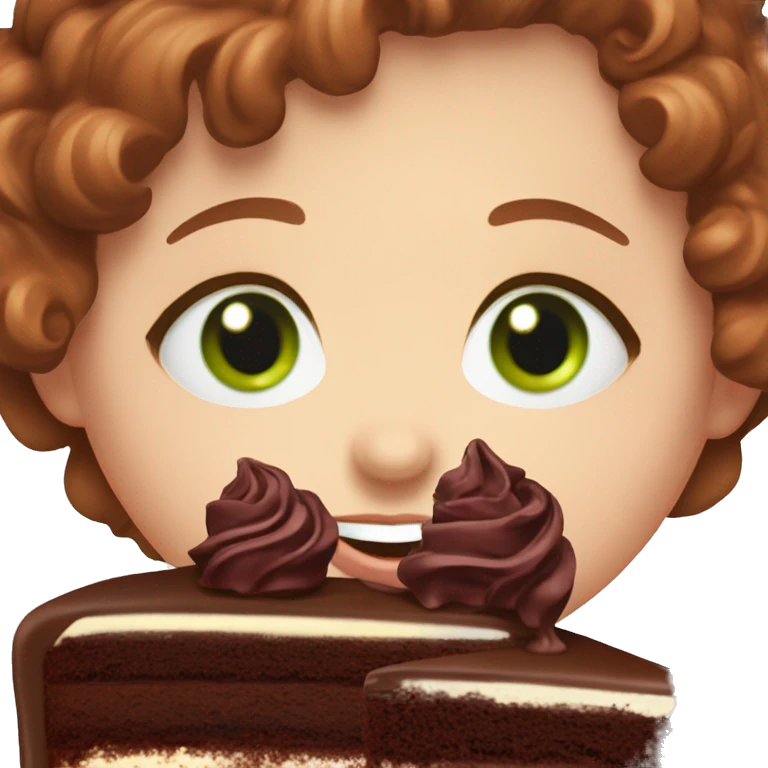 a white girl with burgundy wavy hair and black eyeliner and green eyeseating a huge piece of chocolate cake  emoji