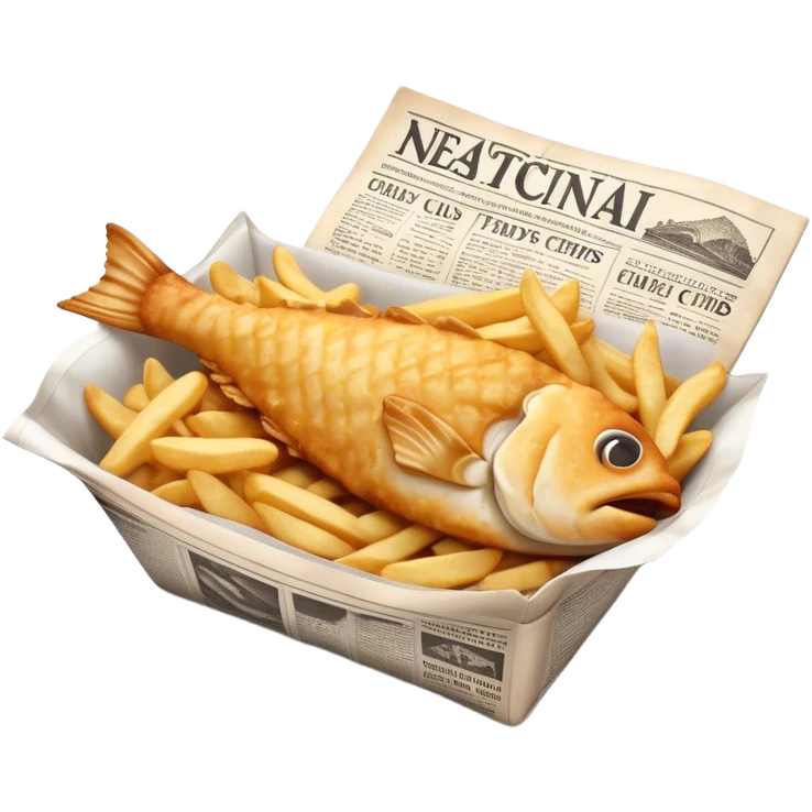 Cinematic Realistic Fish and Chips Dish Emoji, depicted with crispy golden battered fish and chunky hand‚Äêcut chips served in traditional newspaper wrapping, rendered with mouth‚Äêwatering texture and warm natural lighting that captures its quintessential British charm. emoji