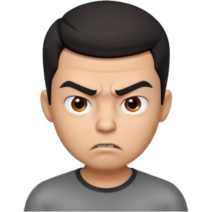 Create a 3D cartoon-style boy character with light brown skin, short straight black hair swept to one side covering part of his forehead, and an angry or annoyed expression. Sharp eyebrows, narrowed eyes, and lips pressed in irritation. emoji